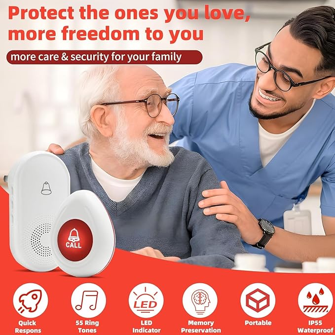 Wireless Caregiver Pager SOS Call Button for Elderly Monitoring 1000+ Feet Life Alert，Emergency Alert System Call Bell for Nurse Patient Disabled 2 Waterproof Transmitter & 1 Plugin Receiver