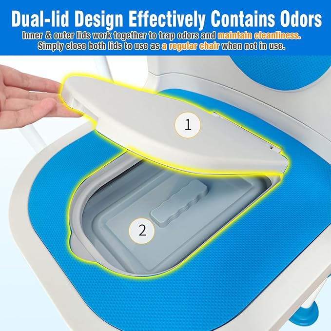 Lumizone Portable Toilet Chair for Elderly Adjustable Bedside Commode with Armrests & Sliding Bucket 5-Level Height Odor-Proof Double Lid Non-Slip Feet Supports 220 lbs, Lightweight for Home/Travel