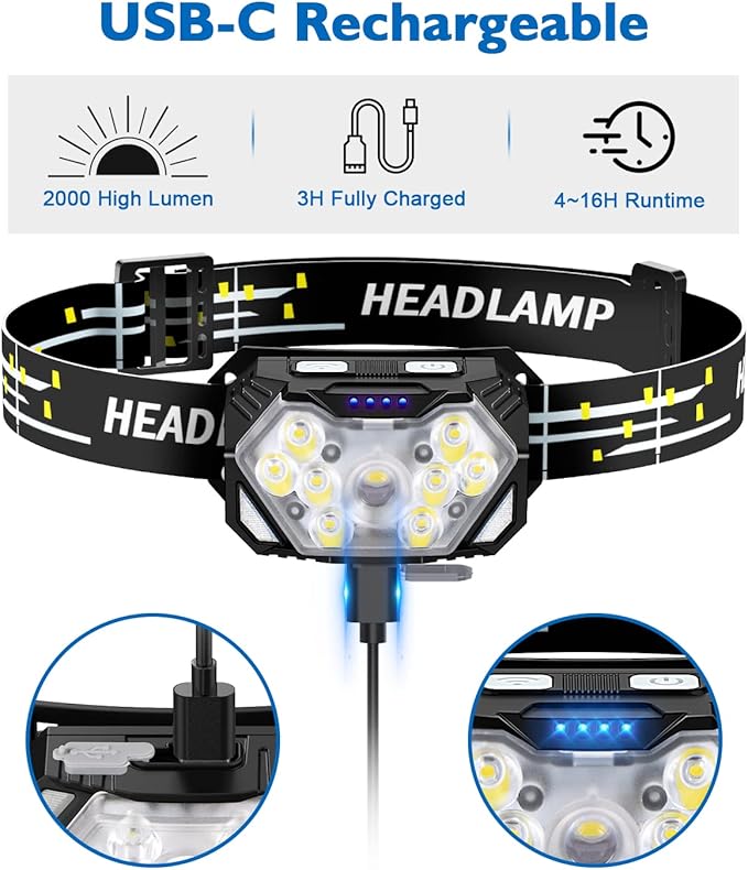 2000LM Ultra Bright 9 LED Headlamp, USB C Rechargeable Headlight, 10 Modes, Waterproof Motion Sensor Head Lamp Flashlight with White Red Light, Adjustable Headband for Adults Outdoor Hiking
