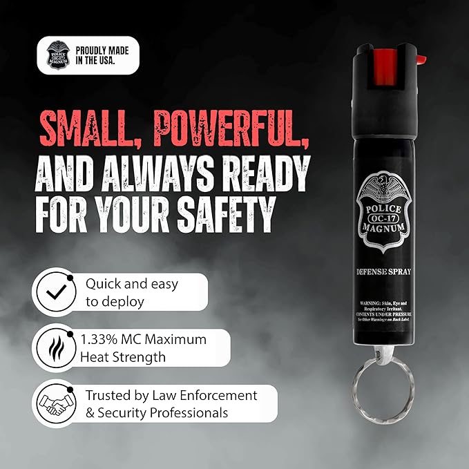 Police Magnum Compact Pepper Spray Self Defense Safety Tool- Strong Built-in Keychain Holder- Small Discreet Canister- Made in The USA- 1 Pack 3/4oz Twist Lock Keyring