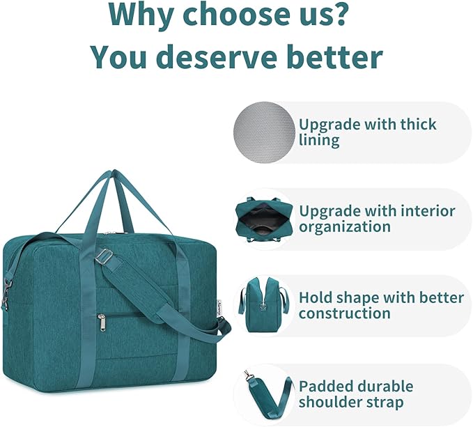For Spirit Airlines Personal Item Bag 18x14x8 Foldable Travel Duffel Bag Underseat Carry on Luggage Weekender for Women 30L (Teal)