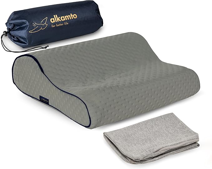 Memory Foam Pillow for Travel and Camping with Extra Cotton Cover – Easy to Carry Portable Bag (Grey Contour)