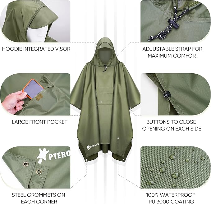 PTEROMY Hooded Rain Poncho for Adult with Pocket, Waterproof Lightweight Unisex Raincoat for Hiking Camping Emergency