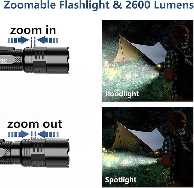 Zoomable Tactical Flashlight High Lumens-2600 LM Ultra Bright LED with 6 Modes,Zoomable,Dual Switches,110H Runtime,Memory Function,Waterproof,USB-C Rechargeable for Defense, Security,Outdoor&Emergency