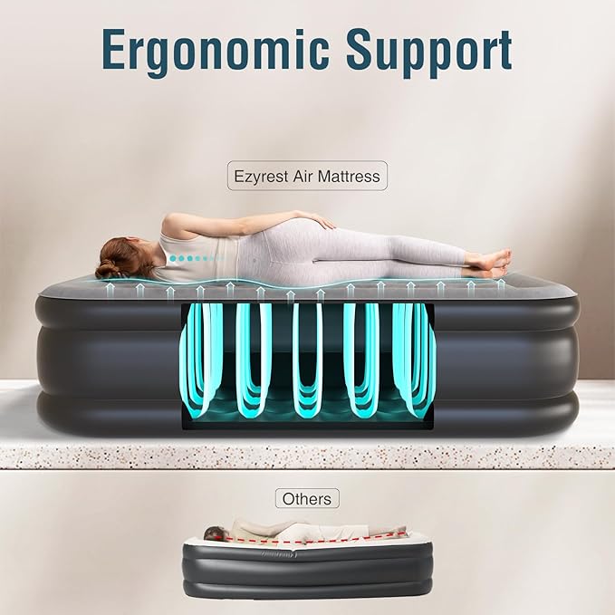 Air Mattress 18", Twin Air Bed with Soft Flocked Top and Portable Carry Bag, Twin Air Mattress with Built in Pump Raised for Guest, Office, Camping (Black)