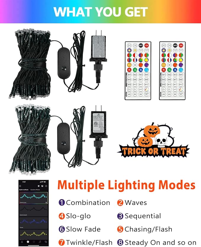 Smart Color Changing Halloween Lights, 82FT 200LED App Control RGB LED String Light with Remote & Timer, Music Sync Multiple Modes Twinkle Christmas Tree Light Waterproof Halloween Decorations