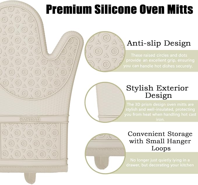 Oven Mitts with Heat-Resistant Hot Pads and Five Silicone Spatulas Designed for Kitchen Baking Cooking, Oven Glove Soft Cotton Lining, Waterproof, BPA-Free (Beige, 12.6)