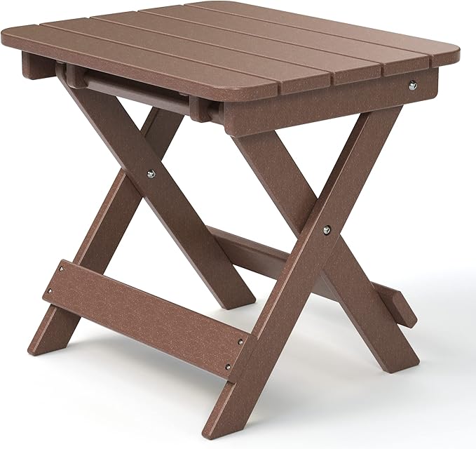 TORVA Outdoor Adirondack Foldable Side Table,Patio End Table for Poolside Garden, Weather Resistant Coffee Table -Plastic High-Density PE（Brown Color-floldable