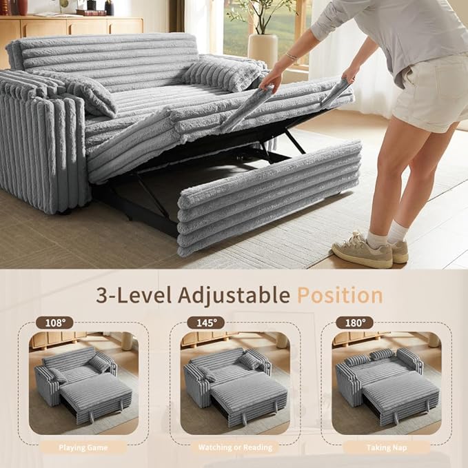 68.11" Corduroy Sleeper Chair Bed with USB Port, Cup Holders & Side Storage Pockets – 3-in-1 Foldable Sofa Bed for Guest Room, Living Room– Gray