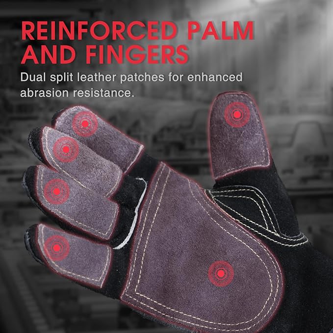 YESWELDER Leather Work Gloves for Men or Women，Suitable for welding & gardening etc. Cowhide leather with cotton lining, wrist closure, grippy and durable.Reinforced palm and finger,Black-gray L