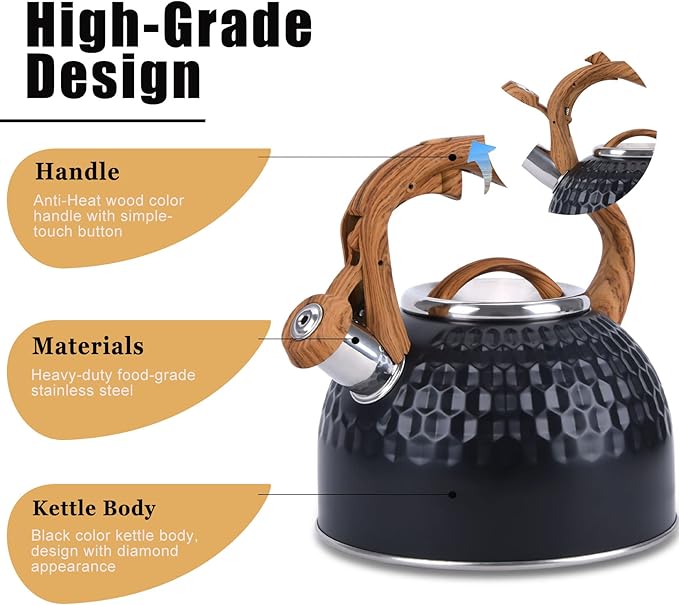 GGC 3L Loud Whistling Tea Kettle for Stove Top, Stainless Steel Kettle with Wood Pattern Handle for Boiling Water Milk or Coffee, Unique Button Control Kettle Outlet, Premium Black Kettle with a towel