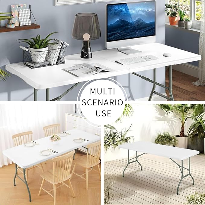 Set of 2 Folding Tables with Carrying Handle Lightweight Rectangular Portable Plastic Camping Table Steel Legs for Party, Dining, Wedding, Events, Picnic Indoor, Outdoor (6FT, White)