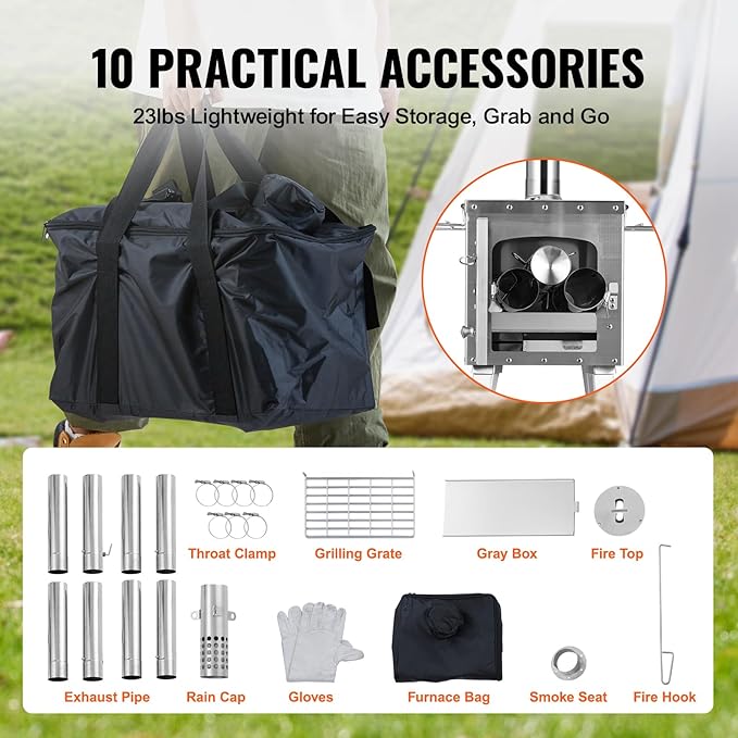 VEVOR Camping Wood Stove Stainless Steel Camping Tent Stove, Portable Wood Burning Stove with Chimney Pipes & Gloves, 1646in³Firebox Hot Tent Stove for Outdoor Cooking and Heating with 8 Pipes