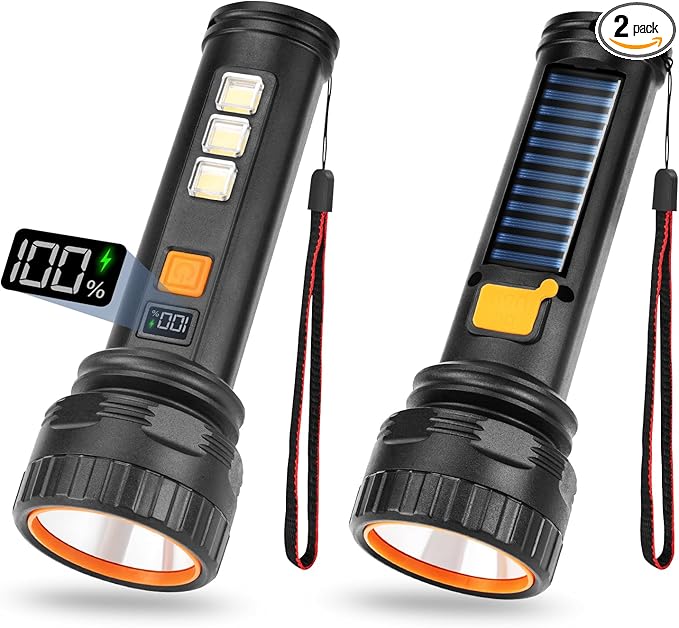 Solar Flashlights, 1500 Lumens Led Solar Powered Flashlights with Digital Display 2000mAh Battery Rechargeable Handheld Flashlights IP65 Waterproof Flashlights for Survival Emergencies, 2 Pack