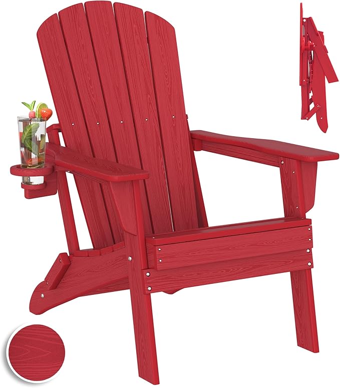 Folding Adirondack Chair, SGS Tested, Wooden Textured with Cup Holder, Heavy All-Weather HDPE Outdoor Chairs for Patio Backyard Lawn,Red