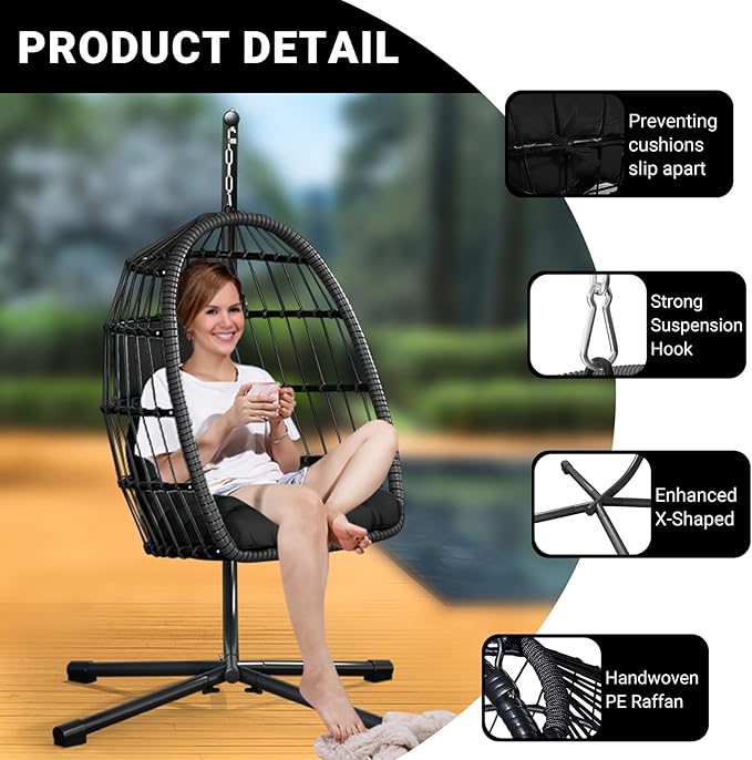 Egg Chair with Stand,Patio Rattan Wicker Hanging Swing Egg Chair Hammock Chair for Bedroom Porch Garden,Thickened Aluminum Alloy Steel Frame and UV Resistant Cushion,350LBS Capacity