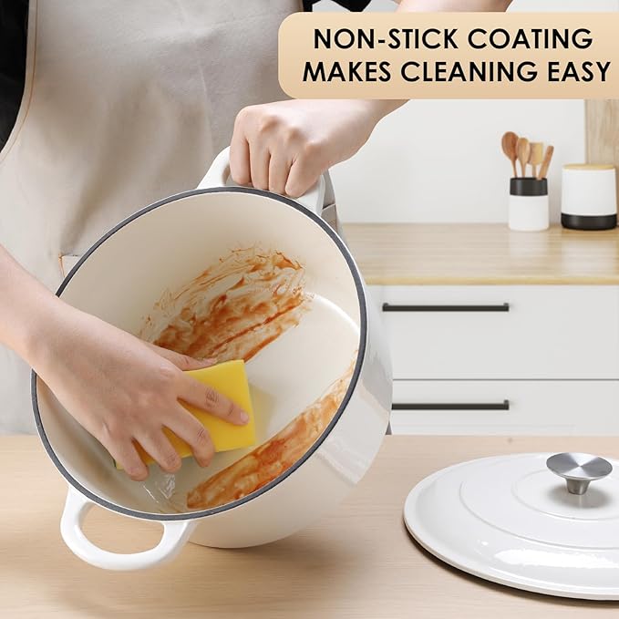 LIFERUN 6 Qt Enameled Cast Iron Dutch Oven Pot with Lid，Oven Safe up to 500° F, Non-Stick Dutch Oven with Dual Handles for Bread Baking, Fry Foods, Braising, Stews, Roasting (White)