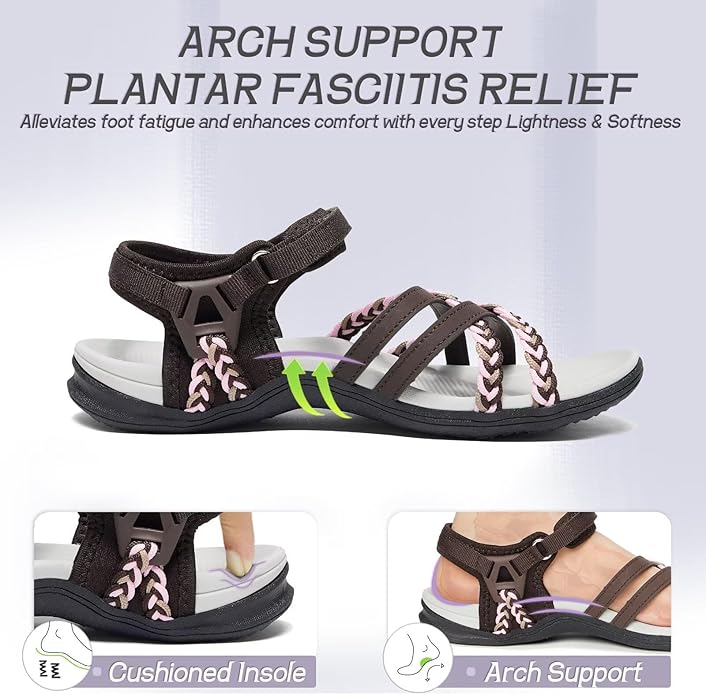 MEGNYA Hiking Sandals for Women, Arch Support Comfortable Walking Sandals Hook Loop Strap, Sports Lightweight Slides