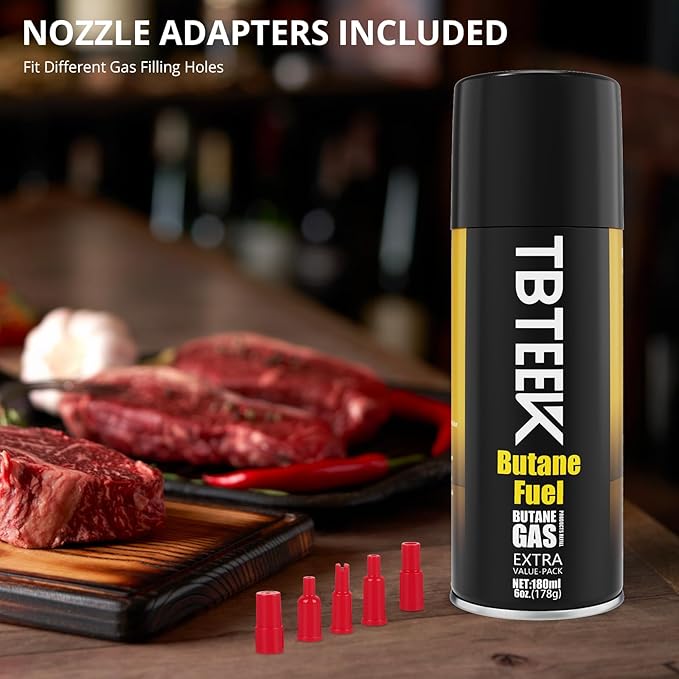 TBTeek Torch Lighter with Butane Included, Kitchen Torch Creme Brulee Torch with 180 ml Butane Fuel Refill, Safety Lock & Adjustable Flame for Cooking, BBQ, Baking, Creme, DIY Soldering (1 Can)