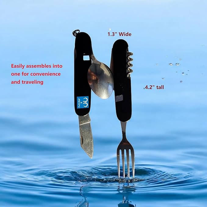 outdoor/camping 6-in-1 multi-function flatware silverware set, include knife, fork, spoon, corkscrew, bottle opener and fruit fork