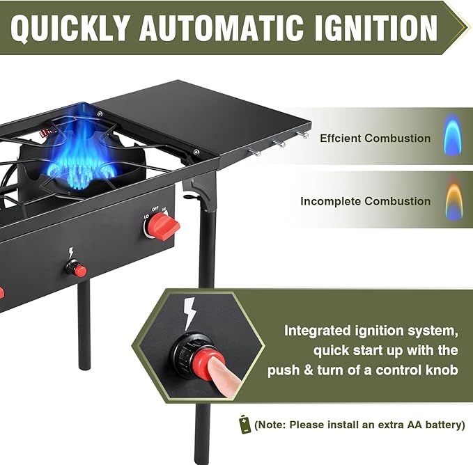 Bestfire 2 burner Camping Stove with Auto Ignition Button,Side Shelves & Regulator150,000 BTU Gas Stove Propane Burner With Removable Legs for Outdoor BBQ&Backyard Cooking Camping Home