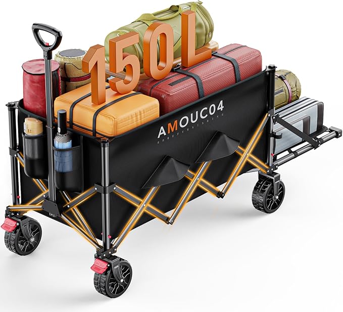 Wagon Cart Foldable, Collapsible Wagon with Expandable Storage, 150L Foldable Grocery Cart with 2 Cup Holders for Outdoor, Garden, Camping &Groceries