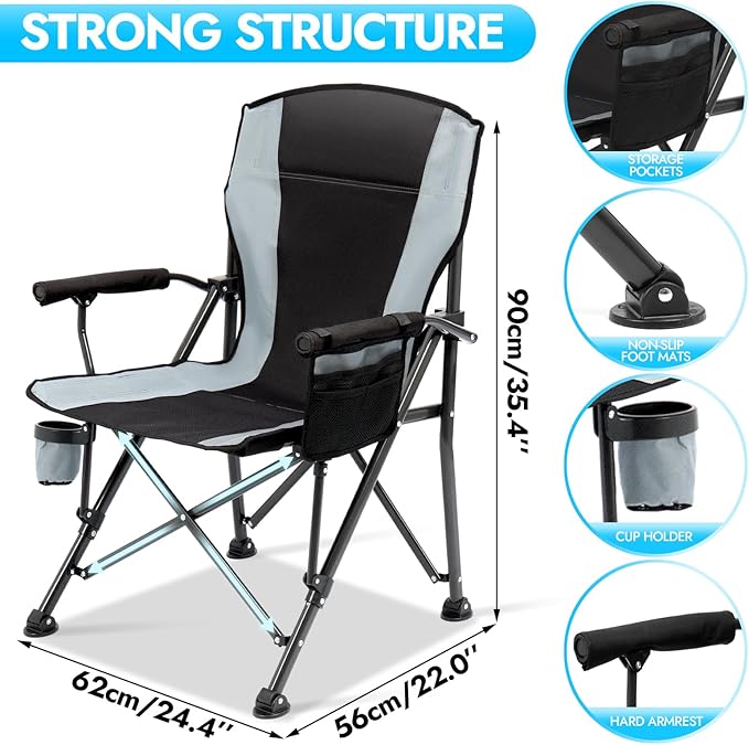 Oversized Folding Camping Chair for Adults, Supports 450 LBS Camping Chairs, Heavy Duty Camping Chair with Side Pockets, Foldable Outdoor Chair for Camping, Beach, Fishing, Hiking, Black-Gray