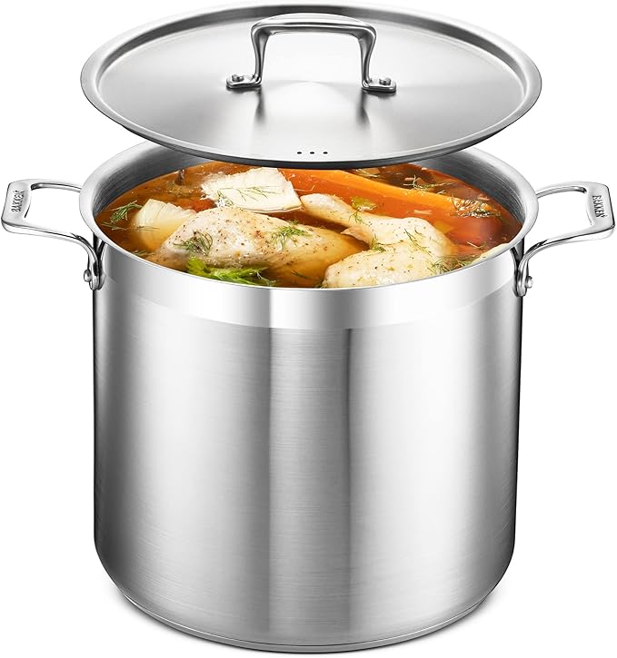 Stockpot – 16 Quart – Brushed Stainless Steel – Heavy Duty Induction Pot with Lid and Riveted Handles – For Soup, Seafood, Stock, Canning and for Catering for Large Groups and Events by BAKKEN
