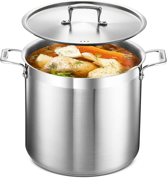Stockpot – 16 Quart – Brushed Stainless Steel – Heavy Duty Induction Pot with Lid and Riveted Handles – For Soup, Seafood, Stock, Canning and for Catering for Large Groups and Events by BAKKEN