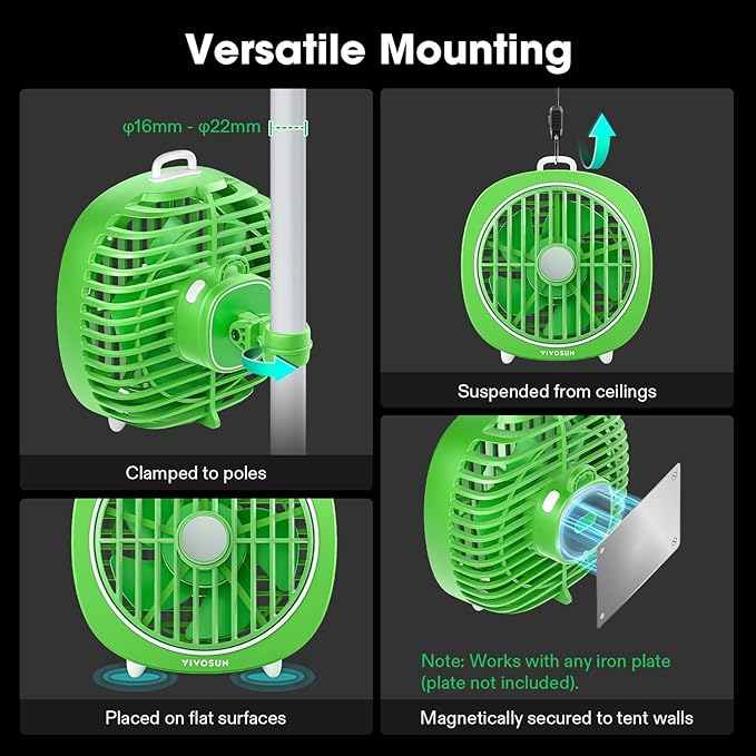 VIVOSUN AeroWave D4, 4” Grow Tent Clip Fan with Magnetic Hook, 3-Speed Strong & Quiet Airflow, Adjustable Airflow Angle for Hydroponics, Circulation & Cooling, Green, 1-Pack