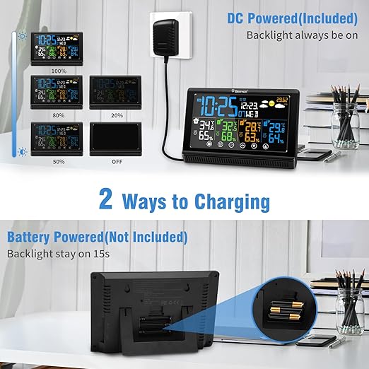 Geevon Weather Stations Wireless Indoor Outdoor, Digital Color Display Thermometer Hygrometer with 3 Sensors, AC Adaptor and Adjustable Backlight, Temperature Humidity Monitor for Home Office Bedroom