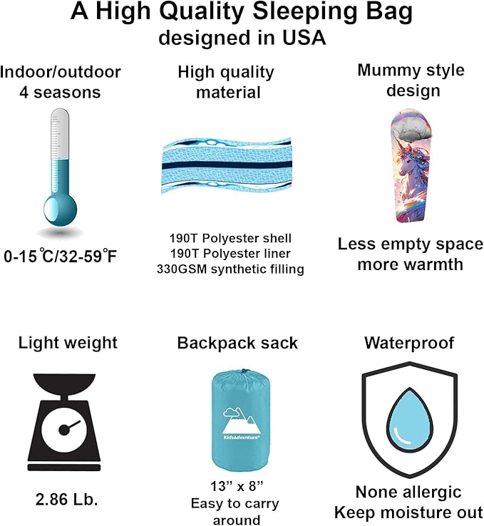 Mummy Style 32 – 59F Kids Sleeping Bag with Pillow Sleeve, Full Scale Digital Printing Unicorn, Mermaid, Kitty or Puppy, Lightweight, Ideal for Camping, Sleepover, Boys, Girls, Youth and Toddlers