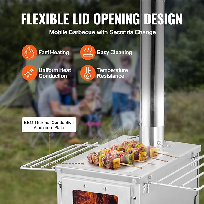 VEVOR Camping Wood Stove Stainless Steel Camping Tent Stove, Portable Wood Burning Stove with Chimney Pipes & Gloves, 700in³Firebox Hot Tent Stove for Outdoor Cooking and Heating with 8 Pipes