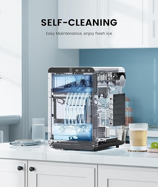 Ice Maker Countertop, Chewable Pellet Ice Machine with Handle, 44lbs Per Day Portable Ice Makers, Auto-Cleaning Ice Machine with Basket and Scoop for Home/Party/RV/Camping (Silver)