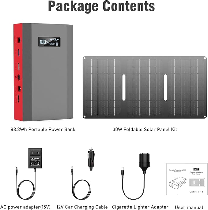 ZeroKor Portable Power Bank with AC Outlet 65W 110V External Battery Pack, 24000mAh Portable Laptop Charger with 30W Foldable Solar Panel Charger for Outdoor Smart Device Camping RV Trip Off Grid-Red