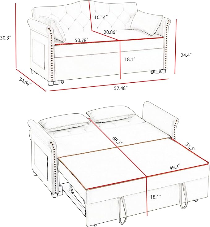 65'' 3-in-1 Folding Sofa Bed – Queen Size Pullout, Modern Chenille Fabric, 360° Swivel Table, Easy Assembly – Perfect for Living Room