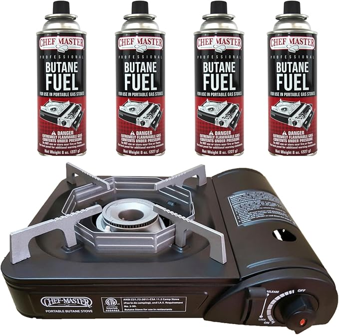 Portable Butane Camping Stove COMBO, Piezo Ignition Wind-Guard 7,650 BTU Portable Stove Burner w/ 4 x 8oz. Butane Fuel Canister for Emergencies, Hiking & Outdoor Camping Essential by Chef Master 90027
