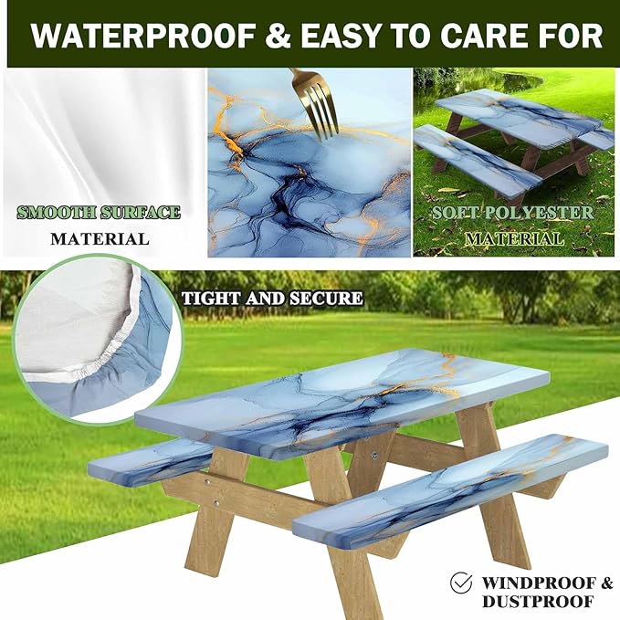 CAPSCEOLL Fitted Picnic Table Cover with Bench Covers with Elastic 6Ft Waterproof Camping Picnic Table Cover Cloths for Outdoors Camping Tablecloth with Drawstring Bag, 72X30in, Blue Marble