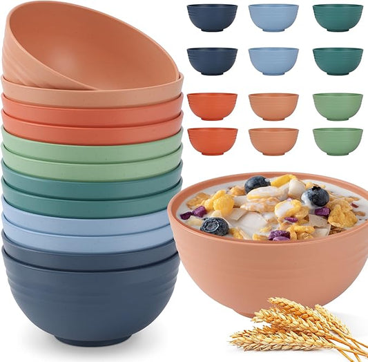 HOTEC 12-PACK BPA Free Unbreakable Plastic Cereal Bowls - Microwave & Dishwasher Safe Soup Salad Camping Bowls, 26OZ, Multicolor
