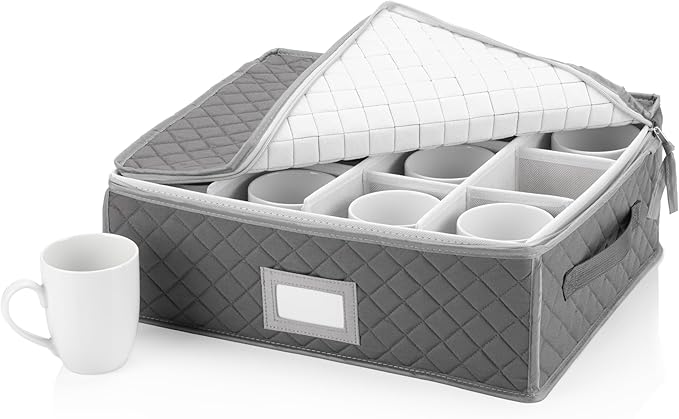 Stack Store Plus More China Cup Storage Chest - Quilted Fabric Container in Gray Measuring 16" x 13" x 6"H - Perfect Storage Case for Coffee Mugs - Tea Cups - Mason Jars - Glassware