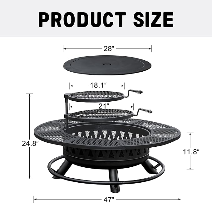 47 Inch Fire Pit with 2 Grills, Outdoor Extra Large Firepits for Outside, Wood Burning Fireplace for Camping,Picnic,Bonfire, 3-in-1 Round Metal Table with Lid for Backyard,Patio,Party