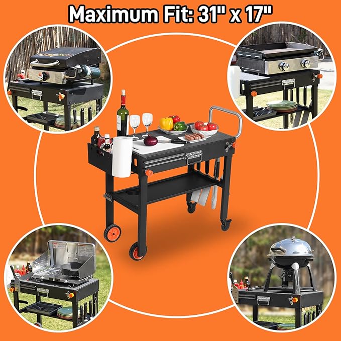 Grill Table for Blackstone Griddle, Portable Griddle Table with Caddy - Fit 17” or 22” Other Tabletop Grill, Foldable Ninja Grill Stand& Blackstone Griddle Stand for Outdoor Tailgating-Camping