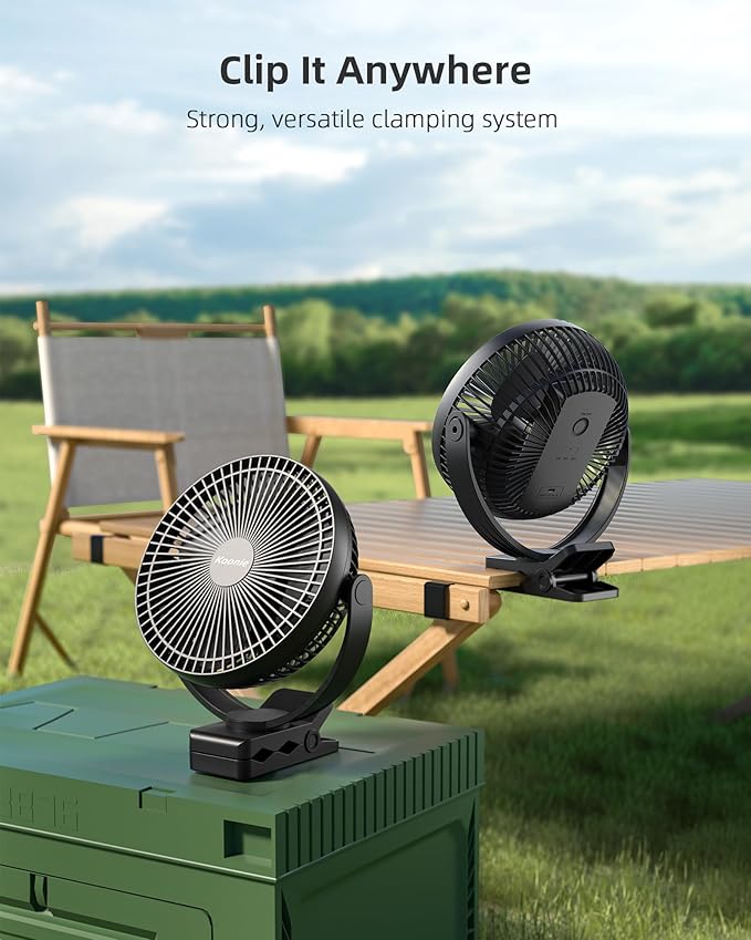Koonie 10000mAh Clip on Fan Rechargeable, 8-Inch Battery Operated Desk Fan, USB Fan, 4 Speeds, Strong Airflow, Sturdy Clamp for Golf Cart Office Desk Outdoor Travel Camping Tent Gym Treadmill,Black