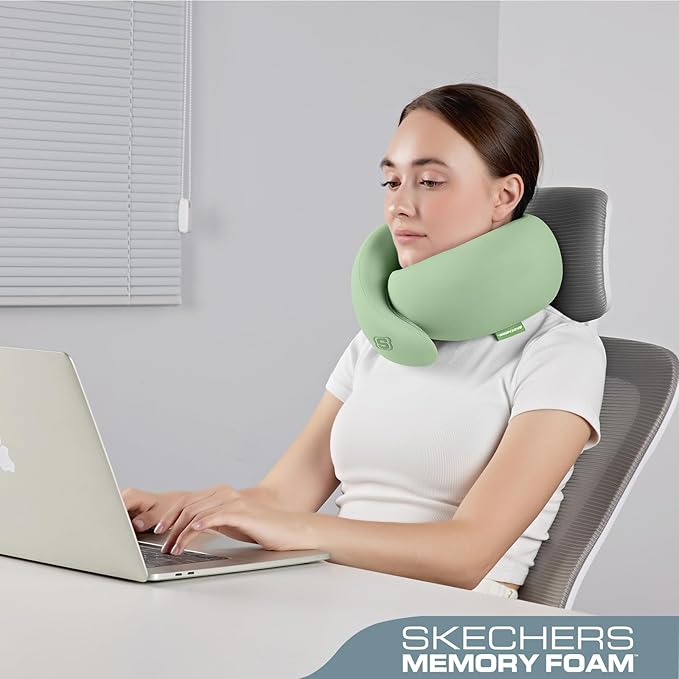 Skechers Memory Foam Travel Pillow,Comfortable & Breathable Airplane Travel Essential, Neck Pillow for Travel, Car Rides, Home, and Office Use, Ergonomic Design for Men and Women,Green