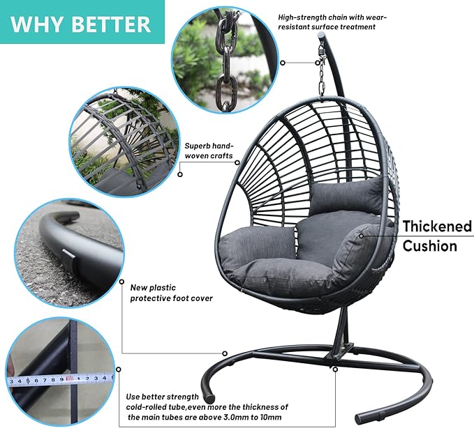 JOYBASE Hanging Egg Chair with Stand, Outdoor Wicker Rattan Egg Swing Chair with Stand and Cushion for Indoor Outdoor Bedroom Patio Garden (Grey/Black)