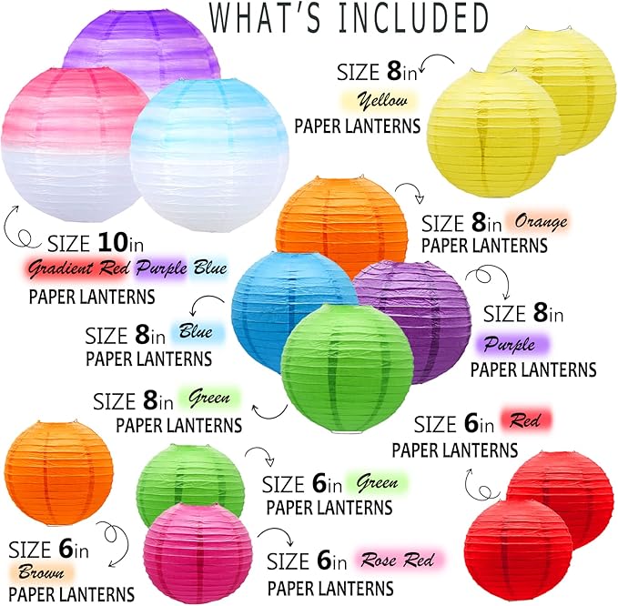 14 PCS Gradient Seven Color Round Paper Lanterns - Chinese Tissue Hanging Decorative for Indoor Room & Outdoor Party Supplies Decoration