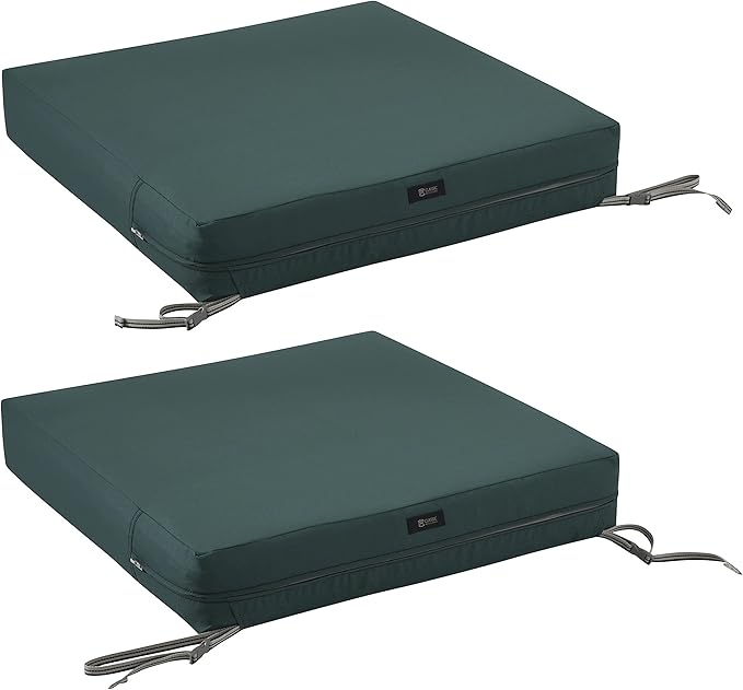 Classic Accessories Ravenna Water-Resistant 23 x 23 x 5 Inch Square Patio Seat Cushion Slip Cover & Foam, Mallard Green, Lounge Chair Cushion
