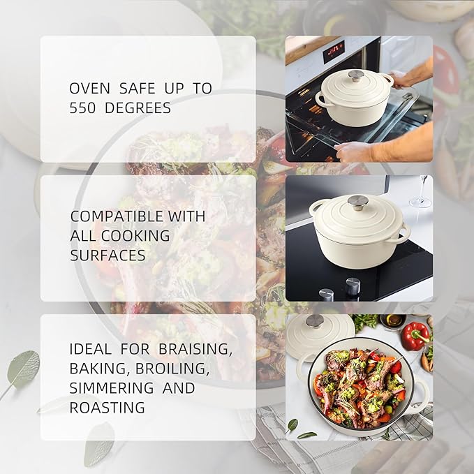 4.5 Quart Dutch Oven Enameled Cast Iron with Lid - Big Dual Handles - Oven Safe up to 500°F - Classic Round Pot for Versatile Cooking Cream