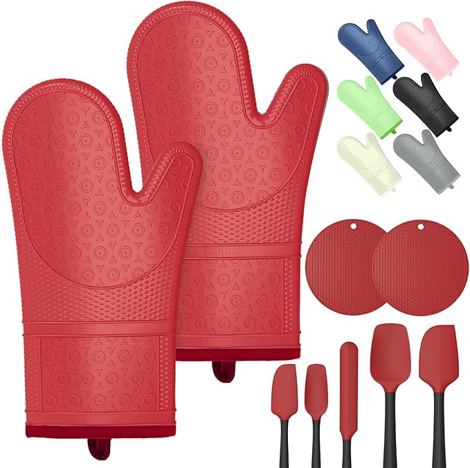 Oven Mitts with Heat-Resistant Hot Pads and Five Silicone Spatulas Designed for Kitchen Baking Cooking, Oven Glove Soft Cotton Lining, Waterproof, BPA-Free (RED, 12.6)