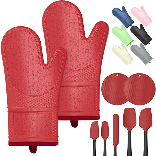 Oven Mitts with Heat-Resistant Hot Pads and Five Silicone Spatulas Designed for Kitchen Baking Cooking, Oven Glove Soft Cotton Lining, Waterproof, BPA-Free (RED, 12.6)